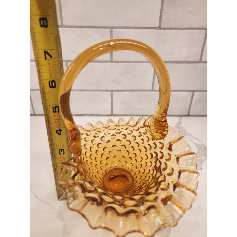 Fenton Vintage Amber Hobnail Glass Basket Ruffled Crimped Edges - Picture 8 of 9
